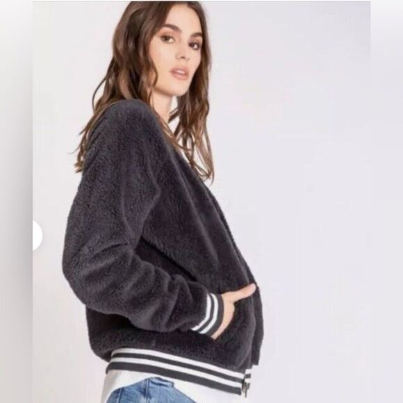 PJ SALVAGE WOMENS BOMBER BABE BLACK PLUSH ZIP FRONT JACKET - Picture 1 of 9